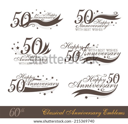 Anniversary 50th signs collection in classic style. Template of birthday celebration and jubilee emblems  with numbers and copy space on the ribbons.