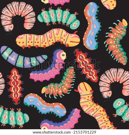 Seamless pattern with cartoon bright caterpillars, slugs and hairy centipedes on black background. Insects background. For banner, children, pattern, decorative. Vector illustration