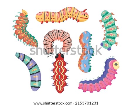 Set spring and summer colorful caterpillars. Pretty caterpillars different silhouette on white background. For festive card, banner, children, pattern, tattoo, decorative, concept. Vector illustration