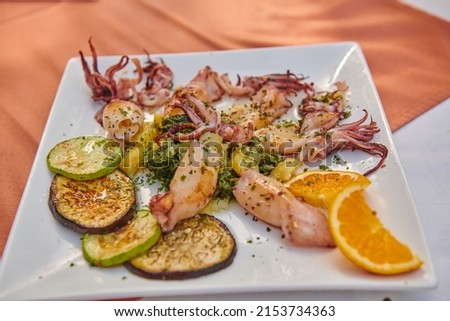 grilled octopus and grilled vegetables on a white plate