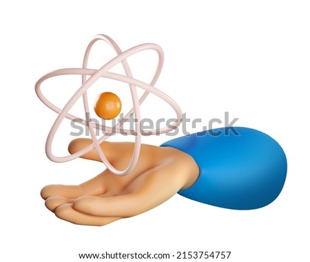 3d atom model with holding human hand. Education icon. Realistic 3d high quality render isolated on white background