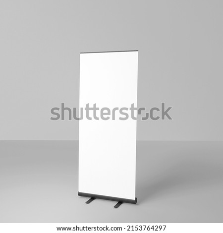 Roll up banner isolated on white background. Display mockup for presentation or exhibition product. Vertical blank roll up stand template. 3d render