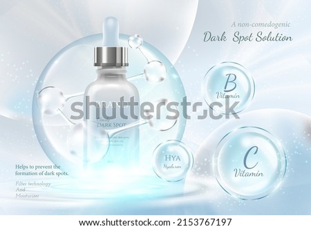 Cosmetic set ads, luxury blue package design on light blue background with molecule glittering bokeh and bubbles in 3d illustration Royalty-Free Stock Photo #2153767197
