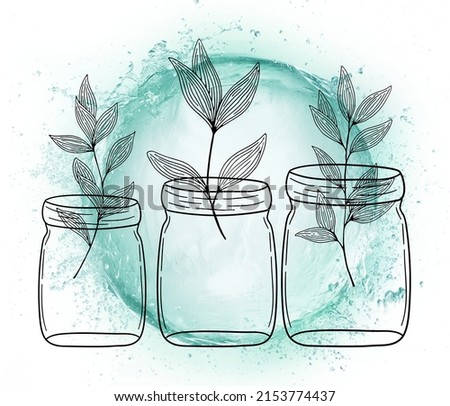 monochrome illustration of a glass jar with tree branches, splash of water in a green circle. clip art concept for greeting cards, invitations, posters, wedding decorations and other printed images. 
