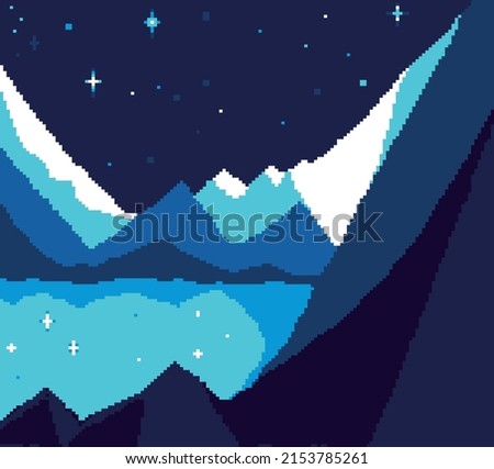 pixel background. a lake in the mountains in blue shades. an idea for a cross-stitch painting. background for pixel game