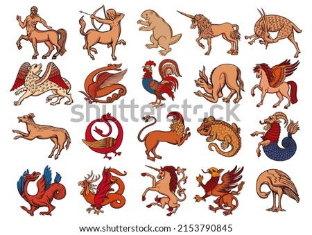 Heraldic mythical animals and creatures. Traditional character styles for coats of arms and shields. Clip art, set of elements for design Vector illustration.