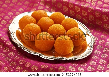 Bundi laddu dessert made during indian festival. It is famous dessert which made in every home during special occasion such as wedding or various festivals. Used selective focus. Royalty-Free Stock Photo #2153796245