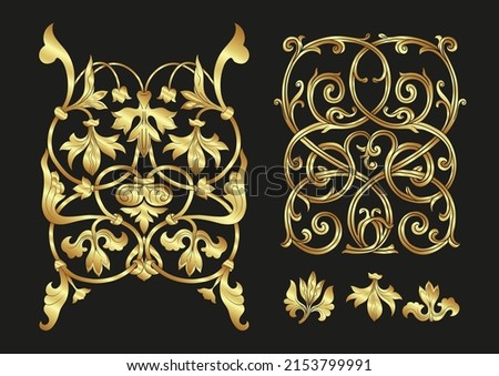 Byzantine traditional historical floral motifs, pattern. Clip art, set of elements for design Vector illustration in gold and black