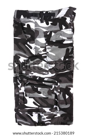 abstract B&W camouflage military shorts, isolated/diecut