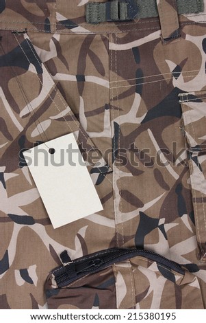 close-up brown camouflage pocket pants with tag