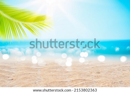 Blur beach with palm leaf abstract background. Summmer vacation concept.