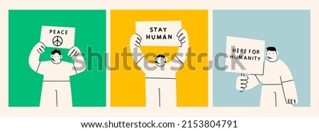 Person standing and holding Placard or Banner. Humanism, protest, demonstration, revolution, no war, peace, humanity concept. Cartoon abstract characters. Set of three hand drawn Vector illustrations Royalty-Free Stock Photo #2153804791