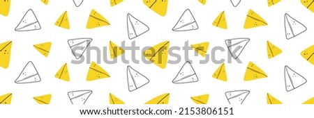 Wide horizontal vector seamless pattern background with doodle style samosa, indian baked savory pastry.
 Royalty-Free Stock Photo #2153806151