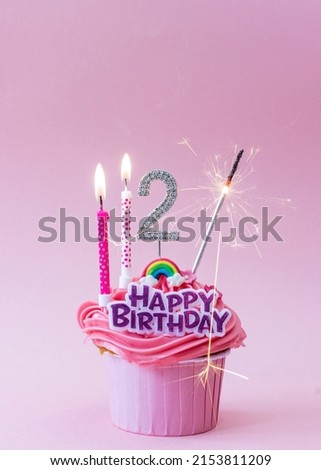 Happy 2nd Birthday Card image, birthday cupcake with number 2 and two candles and sparkler 