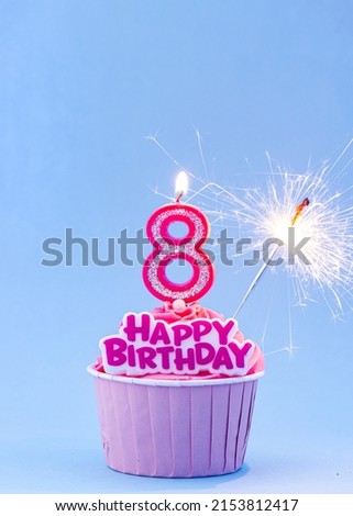 Happy 8th Birthday Card Image with Number 8 candle and Happy Birthday sign and sprakler