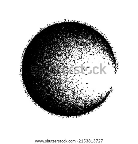 Explosive black banner. Vector circle breaking into small debris with sharp particles. Dirty noisy texture. Collapsing ball shape.
