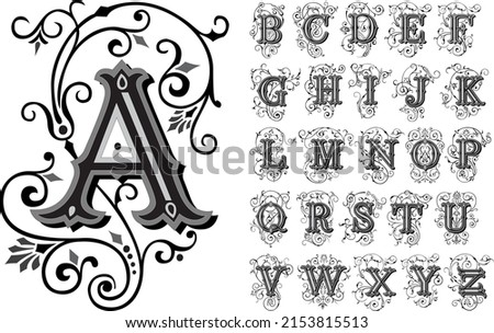 Vintage decorative font, alphabet, vector set of hand drawn decorative alphabet initial letters. Luxury beautiful royal font design for card, invitation, monogram, logo Royalty-Free Stock Photo #2153815513
