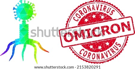 Red round dirty CORONAVIRUS OMICRON seal and lowpoly viral agent icon with spectral colorful gradient. Triangulated spectral colored viral agent polygonal symbol illustration.