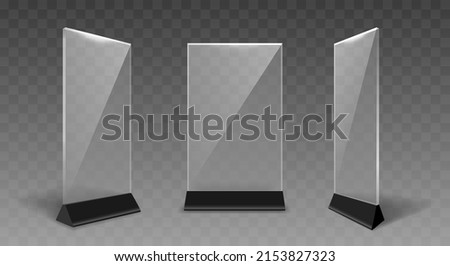 Acrylic tenttable. Standing transparent tent table, menu holder, empty price display stand isolated, plastic banner priceholder, blank plexiglass frame Royalty-Free Stock Photo #2153827323