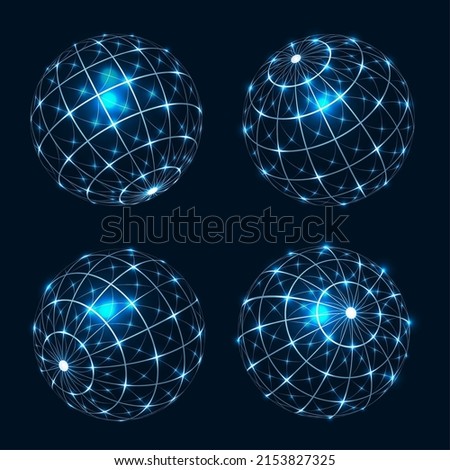 Glowing globe wireframes. Sparky ball frames for tech network cyber concepts, light nodes outline spheres, technology 3d grid sphere graphics, lighting particles earth meshes, vector illustration