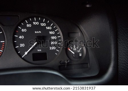 Fuel pump icon. gasoline gauge dash board in car with digital warning sign of run out of fuel turn on. Low level of fuel show on speedometer dashboard. Royalty-Free Stock Photo #2153831937
