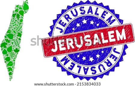 Eco Israel map collage of floral leaves in green color tinges and grunge bicolor Jerusalem seal. Red and blue bicolored seal with scratched style and Jerusalem word.