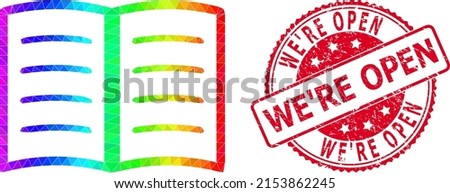 Red round rubber WE'RE OPEN badge and low-poly open book icon with spectrum vibrant gradient.