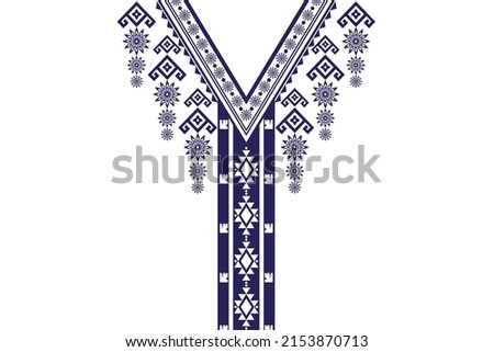 Beautiful neckline embroidery.geometric ethnic oriental pattern traditional on white background.blue and white tone.Aztec style,abstract,vector,illustration.design for texture,fashion women wearing.