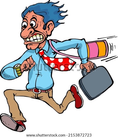 Cartoon employee running with briefcase and lunch box. vector clip art illustration.