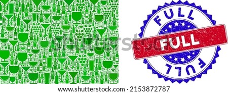 Vector filled rectange icon wine mosaic with grunge bicolor Full seal stamp. Red and blue bicolored stamp with unclean style and Full slogan. Filled rectange collage icon is created with wine glasses,