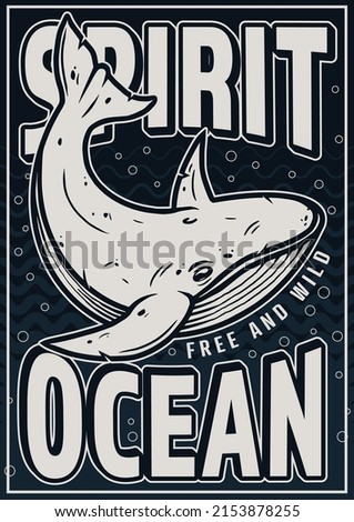 Marine poster with whale in vintage style. Monochrome vector illustration