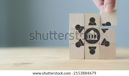 Company culture concept. Culture team corporate community business. Internal corporate ideology, professional business ethics. Placing the wooden cubes with company culture icons on smart background. Royalty-Free Stock Photo #2153884679