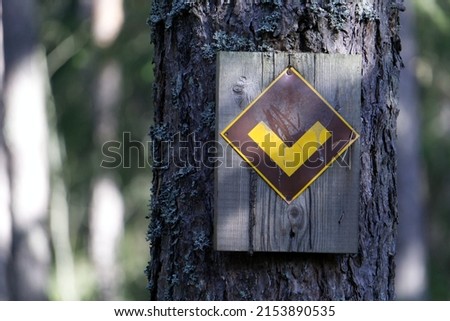 A yellow hiking arrow sign in the forest pointing down