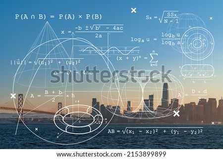 City view, Bay Bridge and San Francisco Skyline Panorama from Treasure Island, sunset, California, United States. Technologies, education concept. Academic research, top ranking university, hologram