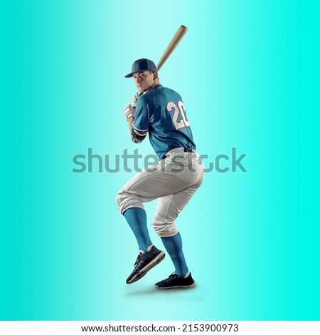 Baseball players in dynamic action in action on gradient multicolored neon background. Concept of sport competition. Royalty-Free Stock Photo #2153900973