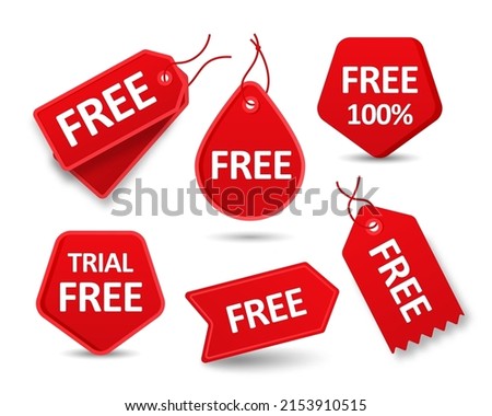 Set of red badge stickers free. Geometric label banner with drawstring threaded through hole marketing advertising promotion vector goods