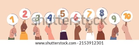 Numbers in hands. Numeric scorecard for judge competition. Jury results. Arms holding competition evaluation boards. Ranking and voting. Math symbols. Vector feedback card collection Royalty-Free Stock Photo #2153912301