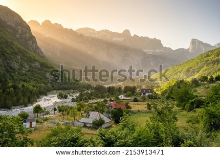 Landscape of the Theth village in Prokletije or Acursed Mountains in Theth National Park at sunset, Albania. Royalty-Free Stock Photo #2153913471