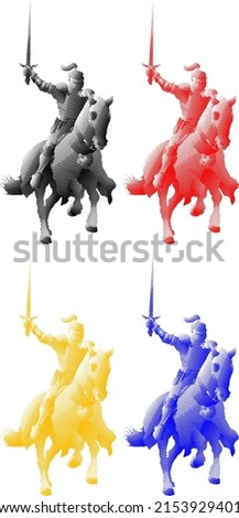 Set of colorful benday dot imprint of medieval knight in body armor riding a horse and raising his broadsword in triumph, isolated against white. Vector illustration.