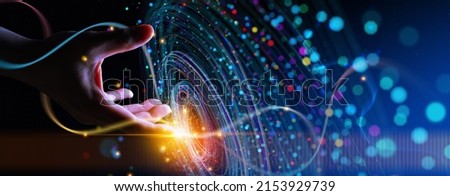 The metaverse universe, concept. Digital neural network.Business man hand touching Introduction of artificial intelligence. Cyberspace of future.Science and innovation of technology. Royalty-Free Stock Photo #2153929739