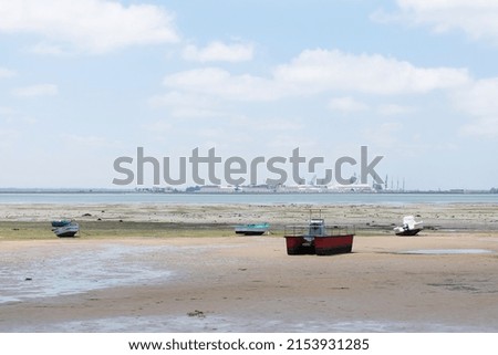 Fishing boats on the coast of the Bay of Puerto Real in Cadiz. Andalusia Spain. Europe. June 27, 2021

