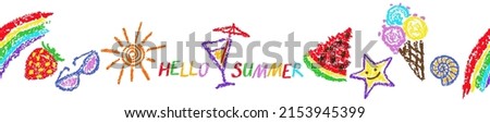 Summer seamless border or pattern. Funny hand drawn symbol vector texture. Fruits, ice cream, sun, glasses, shells. Kids crayon, pastel, chalk or pencil stroke. Doodle cartoon background. Happy time Royalty-Free Stock Photo #2153945399
