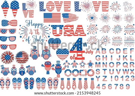 American Patriotic 4th of July Bundle. USA celebration  national symbols set for independence day isolated on white background. USA Independence Day Clipart