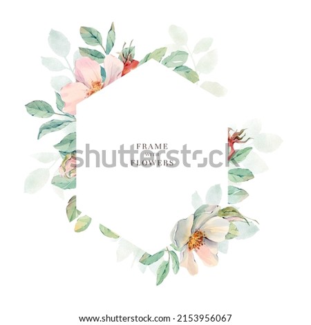 Floral hexagonal frame with pink flowers, light green leaves and red rose hips. Hand drawn in watercolor, isolated on a white background. For wedding invitations, holiday cards and other design.