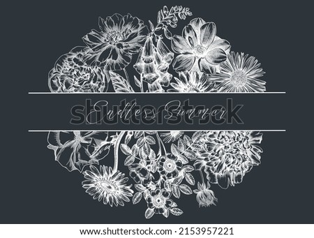 Summer flowers composition in vintage style. Hand-sketched garden plants frame design on chalkboard. Perfect for greeting cards, wedding invites, banners. Botanical illustration with floral outlines.