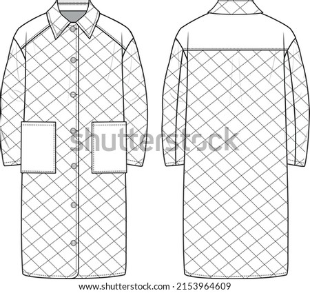 Unisex Quilted Long Duvet. Coat technical fashion illustration. Flat apparel coat template front and back, white colour. Unisex CAD mock-up.