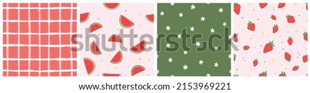 Seamless pattern with watermelon, strawberries and abstract elements. Vector backgrounds with hand drawn fruits, flowers, berries, checkered pattern. Creative texture for fabric, textile Royalty-Free Stock Photo #2153969221