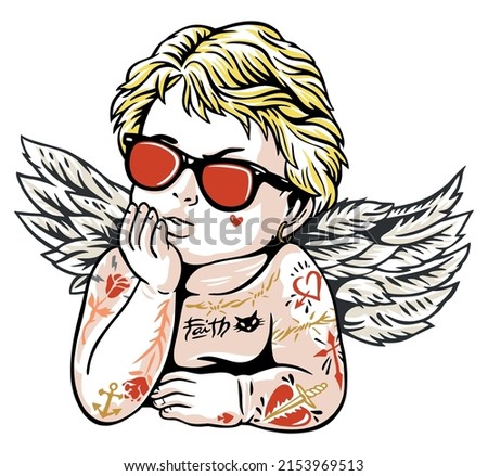 Vector illustration of angel with tattoo and sunglasses. Royalty-Free Stock Photo #2153969513