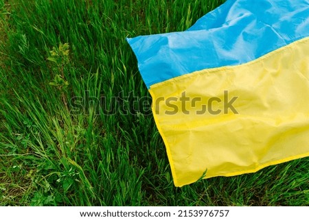 State flag of Ukraine lying on fresh grass. Copy space