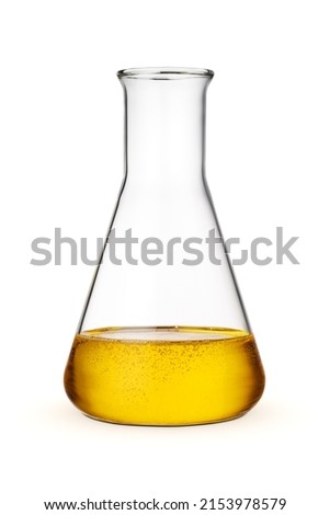 Unrefined sunflower oil in chemical flask isolated on white background. Royalty-Free Stock Photo #2153978579